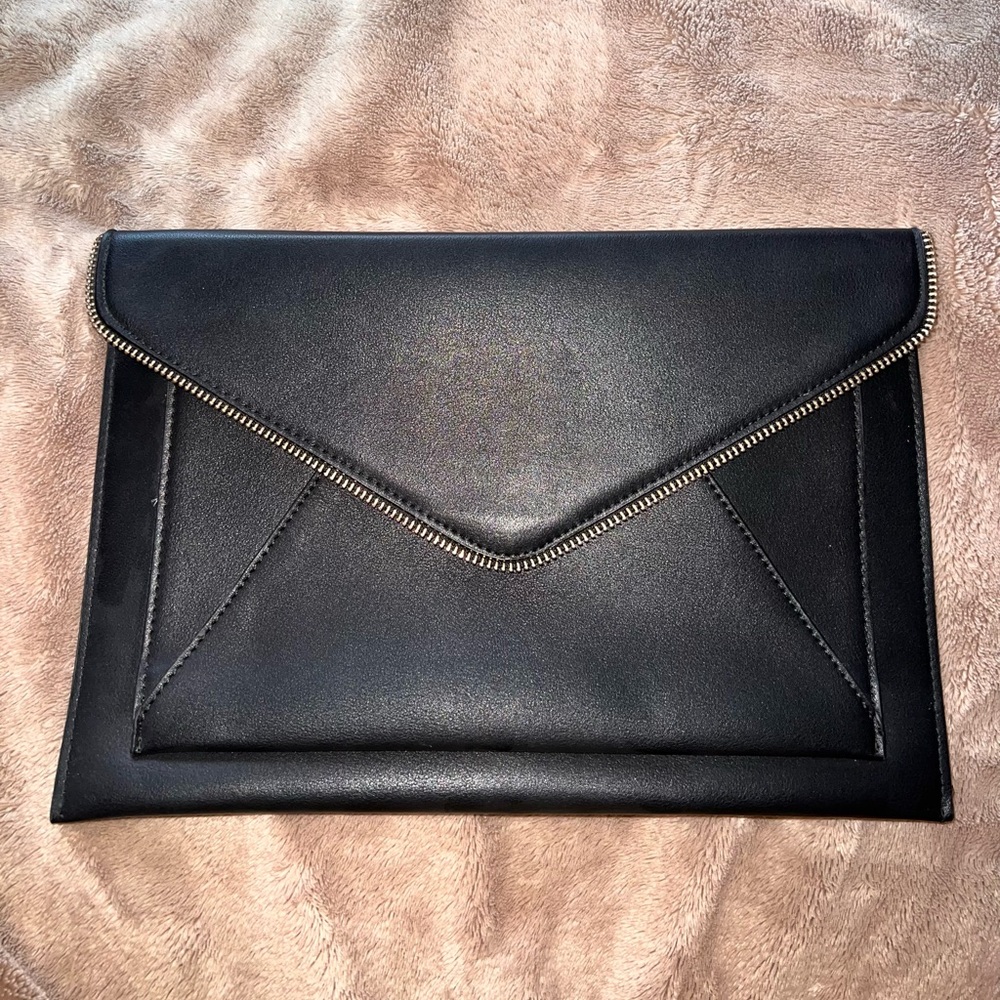 Black/Gold Leather Envelope Clutch with Zipper Detail For Sale!